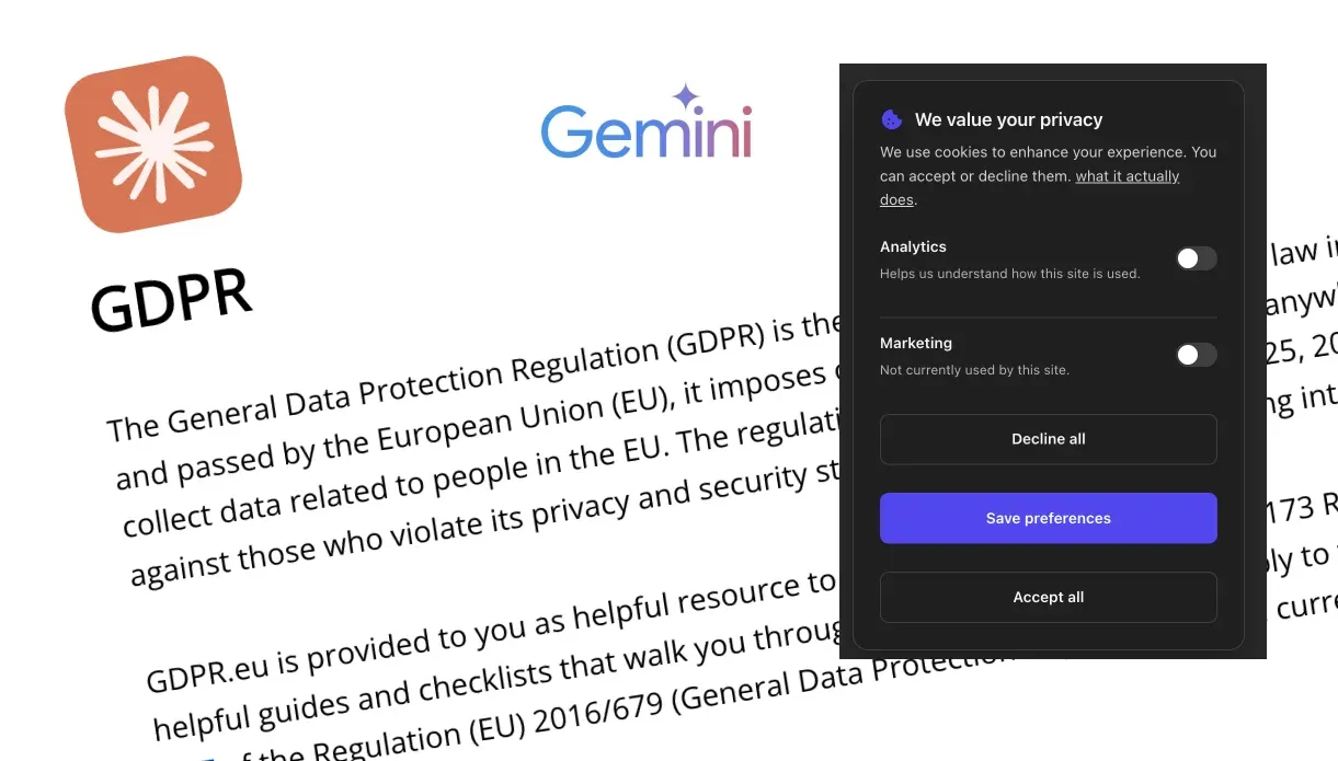 The astro-cookie-consent banner overlapping a GDPR reference page, with the Gemini logo